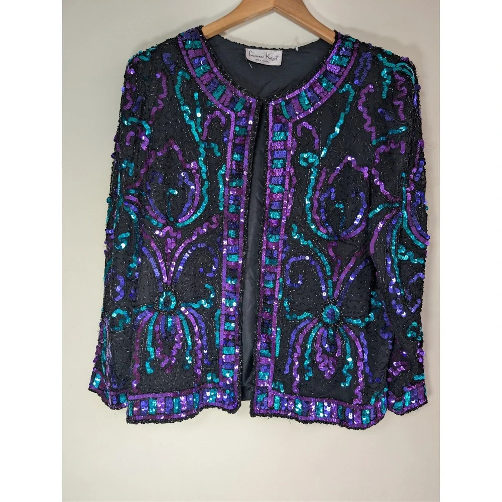 Laurence Kazar Vintage Sequin Beaded Jacket Purple Teal Black Open‎ Front Blazer